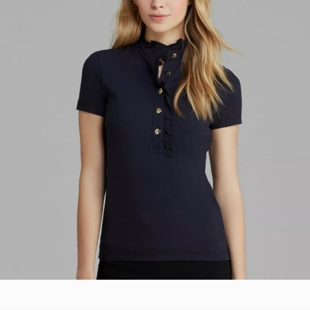 TORY BURCH LIDIA LINEN RUFFLE POLO SHIRT Size  S